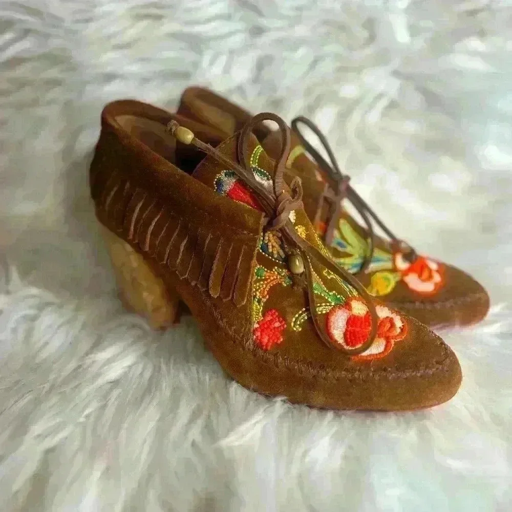 Tory Burch Huntington Beaded Embroidered Suede Fringe Booties size 5 heels shoes